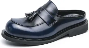 Men's Leather Tassel Round Wide Toe Flat Mules Clogs Fashion Comfortable Breathable Closed Toe Slip-On Slingback Half Dress Loafers for Indoor Outdoor Party Walking Work Slippers
