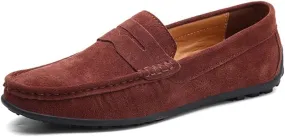 Mens Loafers Genuine Leather Round Toe Stitching Details Suede Vamp Rubber Sole Penny Loafer Anti-Slip Comfortable Slip Resistant Walking Prom