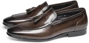 Mens Loafers Pointed Burnished Toe Tassel Genuine Leather Slip Resistant Flat Heel Flexible Walking Slip-on