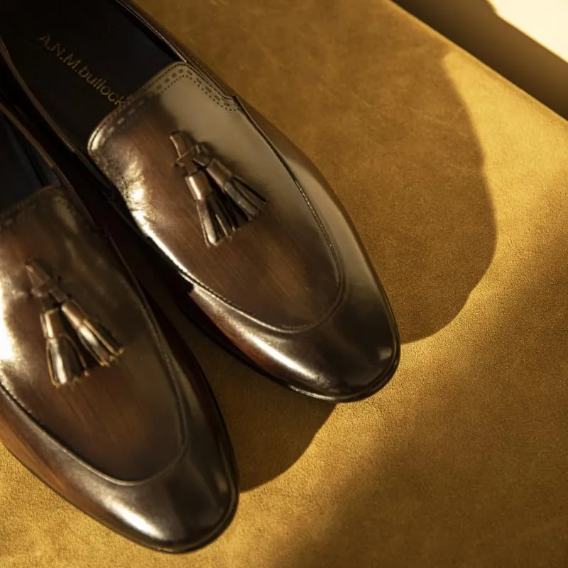 Mens Loafers Pointed Burnished Toe Tassel Genuine Leather Slip Resistant Flat Heel Flexible Walking Slip-on
