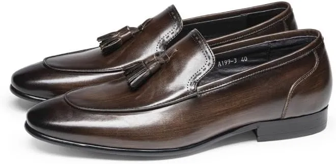 Mens Loafers Pointed Burnished Toe Tassel Genuine Leather Slip Resistant Flat Heel Flexible Walking Slip-on
