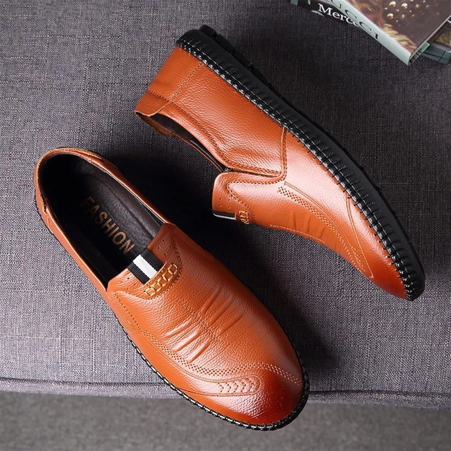 Mens Loafers Shoe Stitching Details Loafer Shoes Leather Flat Heel Lightweight Slip Resistant Walking Slip-on