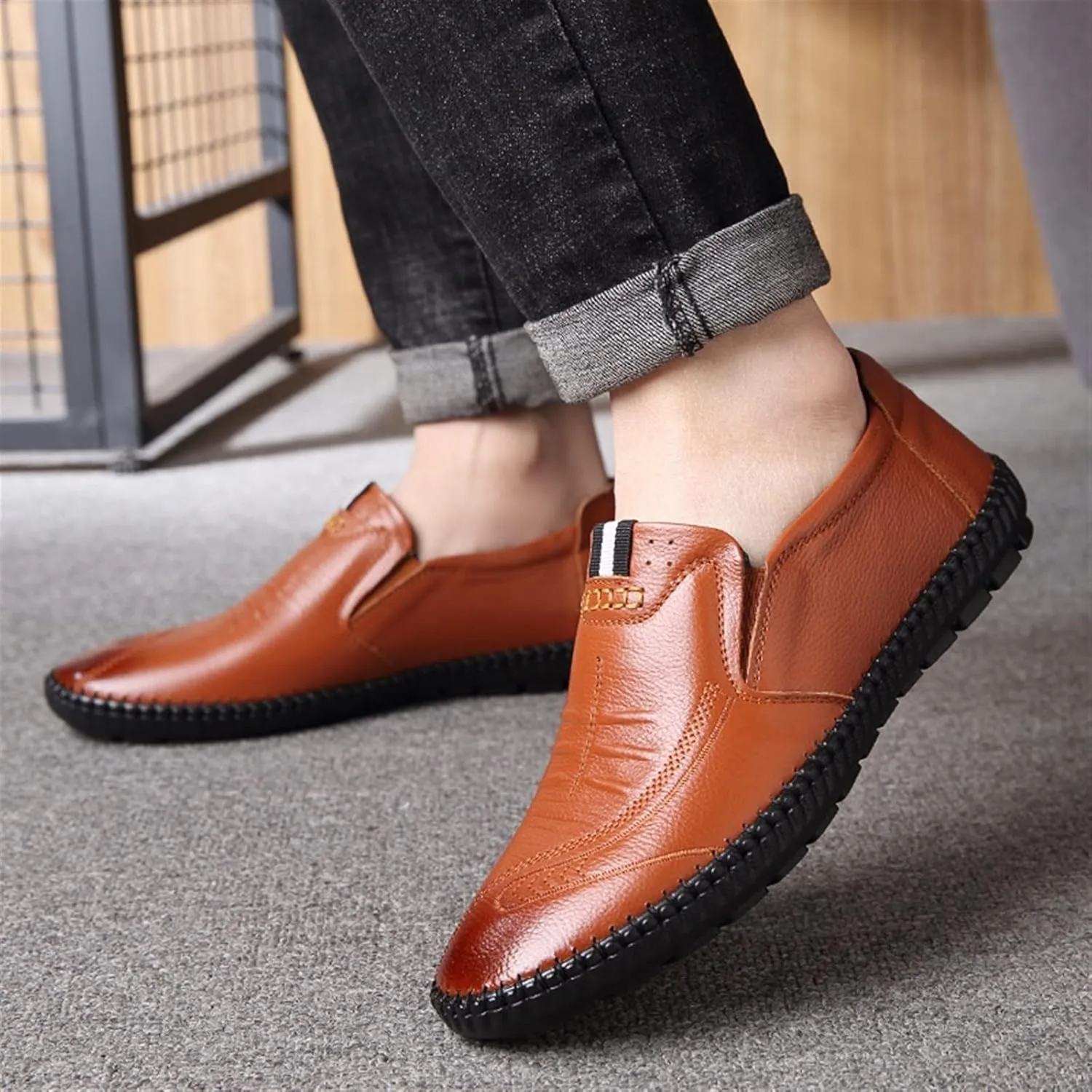 Mens Loafers Shoe Stitching Details Loafer Shoes Leather Flat Heel Lightweight Slip Resistant Walking Slip-on