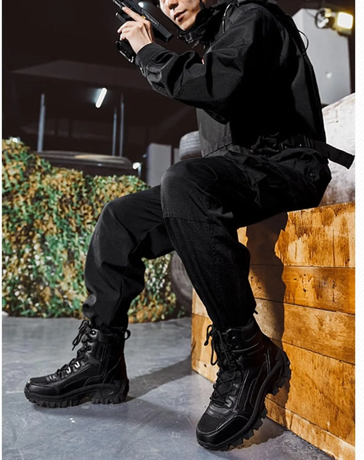 Mens Outdoor Sports Tactical Shoes, Men's Plus Size High Top Tactical Combat Boots with Side Zipper, Lace Up Breathable Military Work Boots, for Tactical, Military, Combat, Hunting
