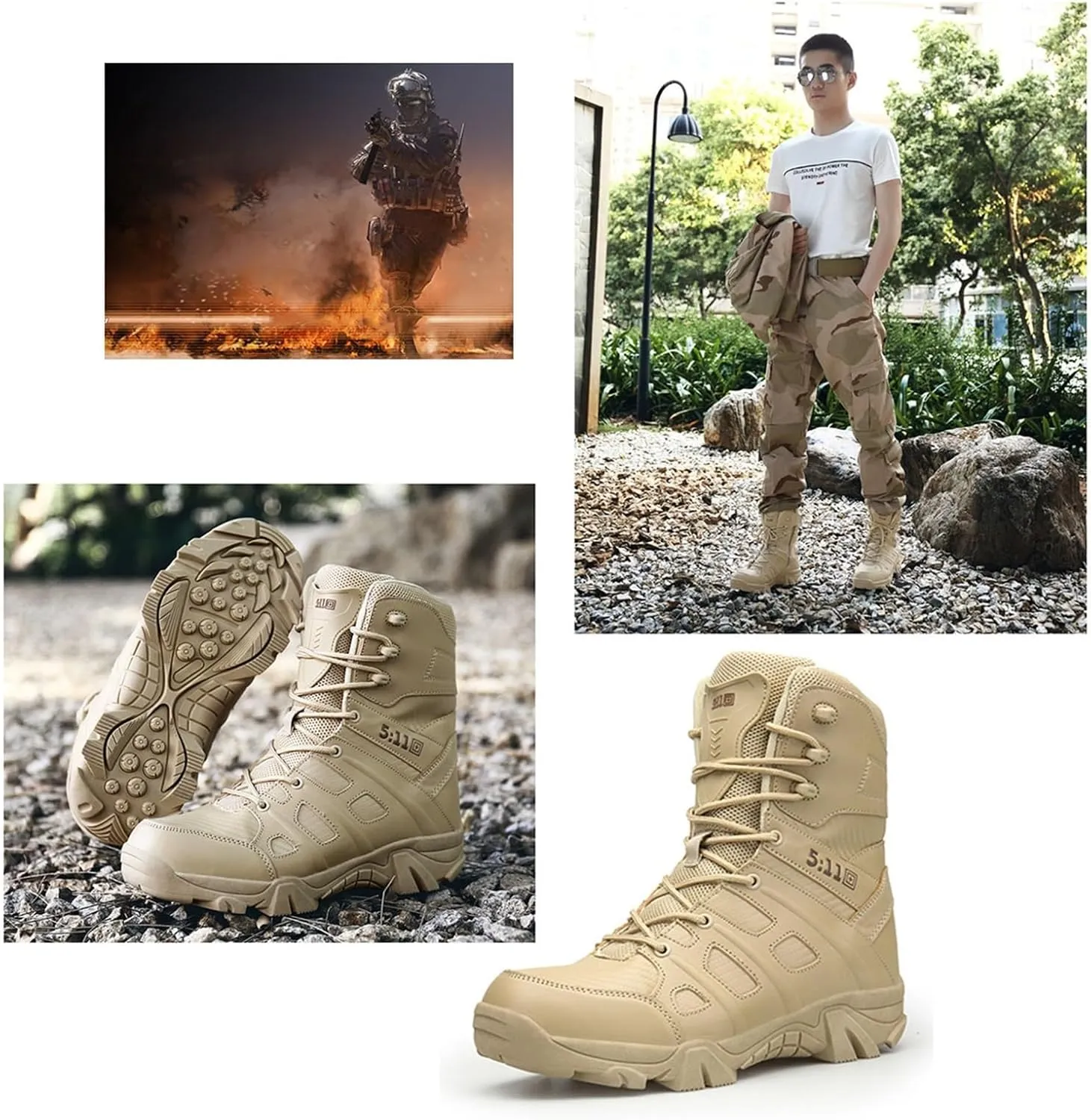 Men's Plus Size High Top Tactical Boots, Men's Side Zip Style Composite Toe Slip Resistant Work Boot, Lace Up Breathable Desert Boots, for Fishing, Jungle, Running, Mountaineering