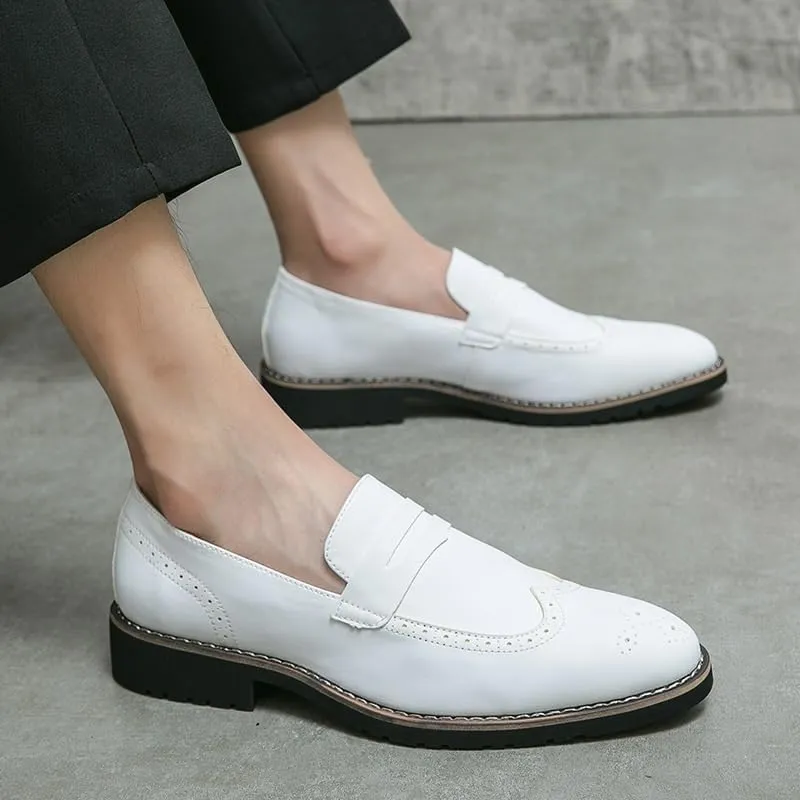 Men's Pointed Toe Brogue Slip-On Loafers Mixed Leather Casual & Formal Shoes