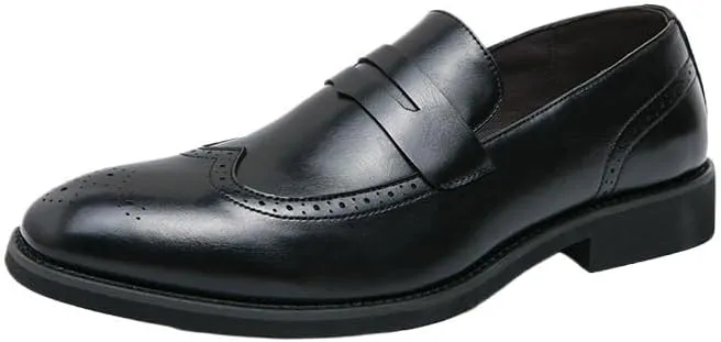Men's Pointed Toe Brogue Slip-On Loafers Mixed Leather Casual & Formal Shoes