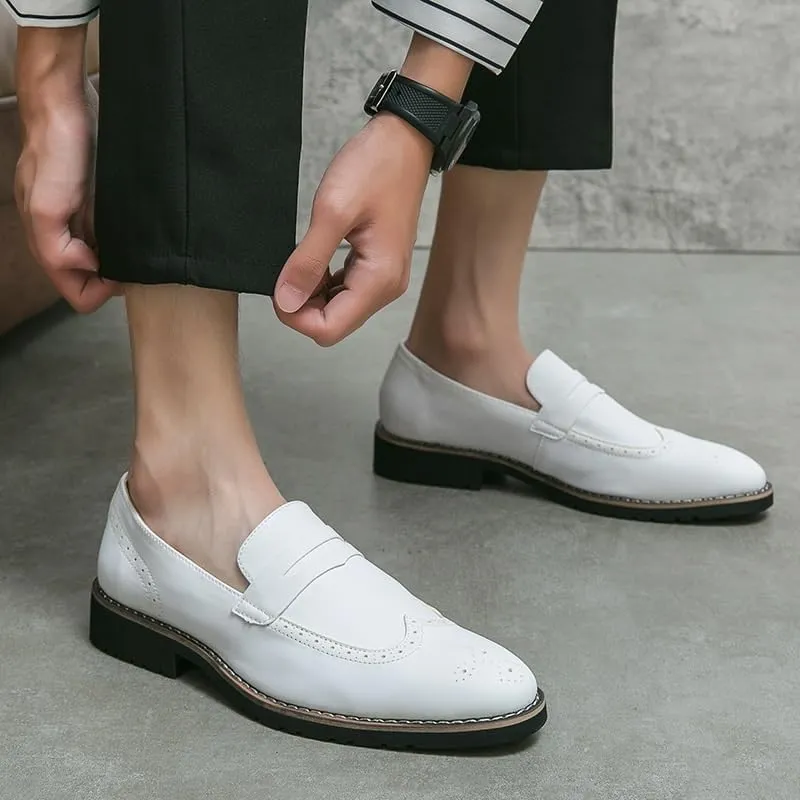 Men's Pointed Toe Brogue Slip-On Loafers Mixed Leather Casual & Formal Shoes