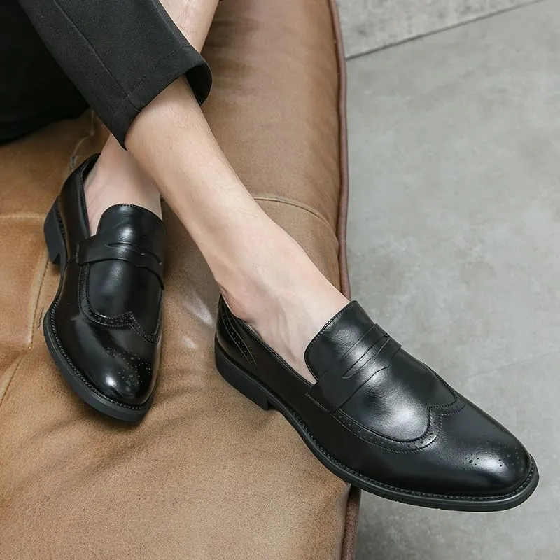 Men's Pointed Toe Brogue Slip-On Loafers Mixed Leather Casual & Formal Shoes