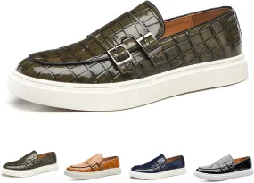 Men's Printed Slip-on Flat Loafers,Classic Leather Patent Double Metal Buckle Comfortable Casual Walking Shoes Formal Business Work Office Dress Moccasins Shoes