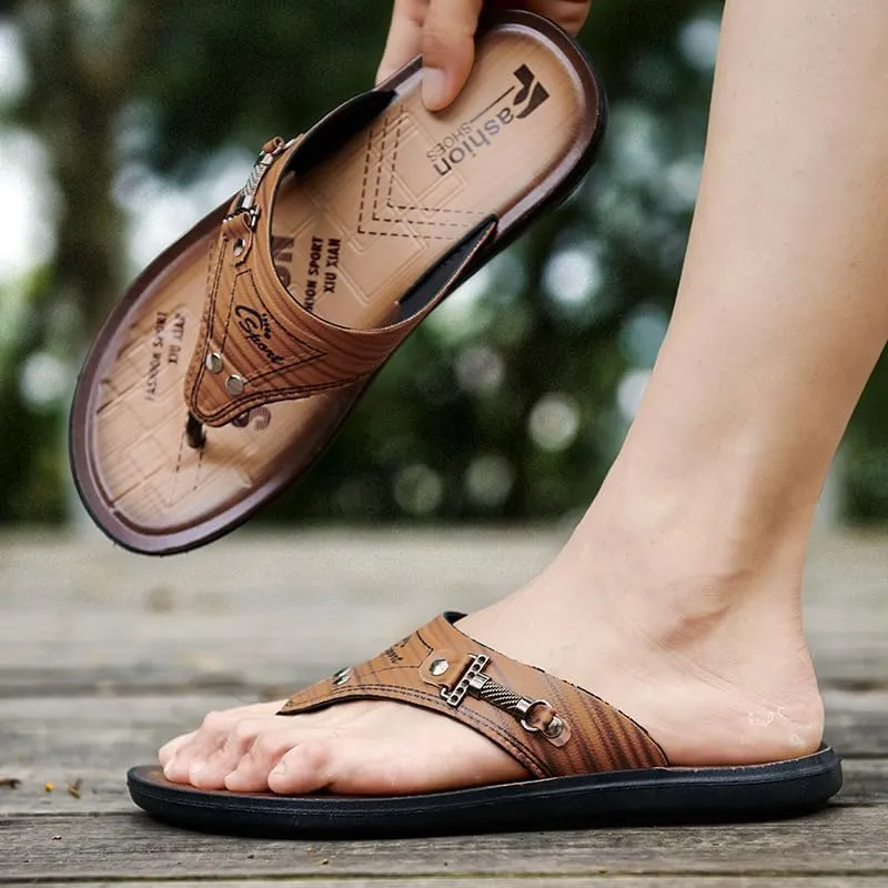 Mens PU Leather Thong Sandals Indoor and Outdoor Beach Flip FlopAnti-skidding Lightweight Quick Dry Comfy Garden Clogs