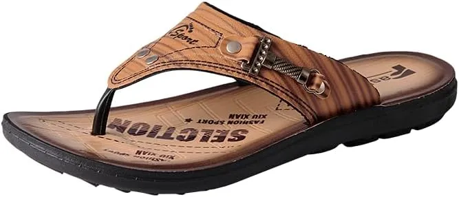 Mens PU Leather Thong Sandals Indoor and Outdoor Beach Flip FlopAnti-skidding Lightweight Quick Dry Comfy Garden Clogs