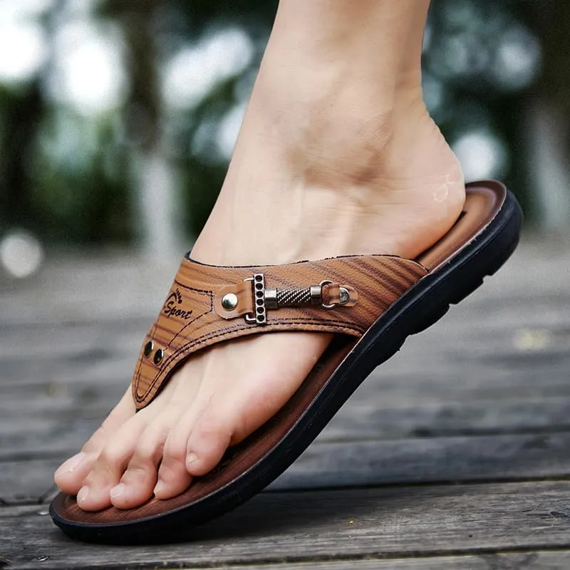 Mens PU Leather Thong Sandals Indoor and Outdoor Beach Flip FlopAnti-skidding Lightweight Quick Dry Comfy Garden Clogs
