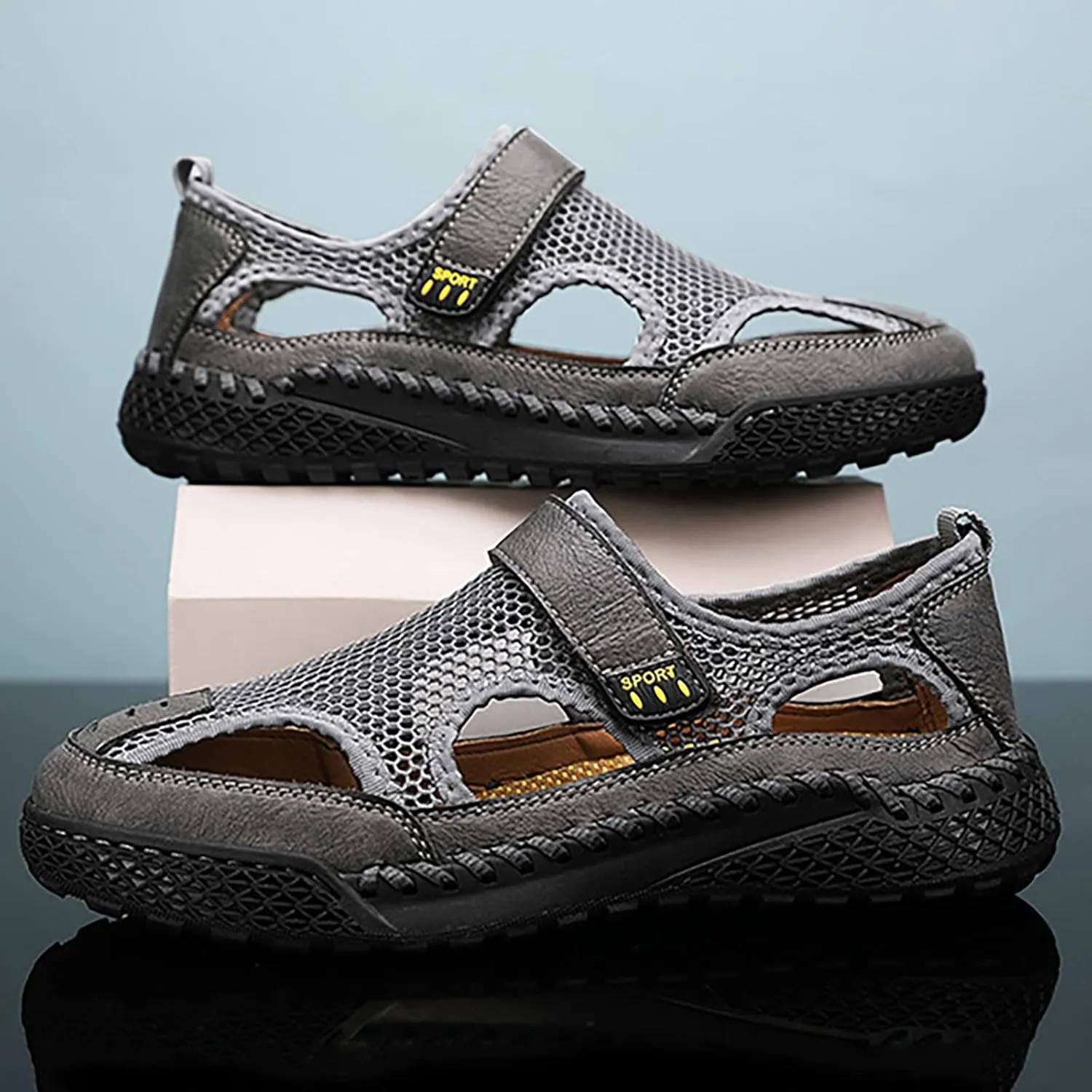 Men's Sandals Outdoor Summer Casual Thick Cushion Beach Water Fisherman Sandal Close Toe Mesh Leather Sandal