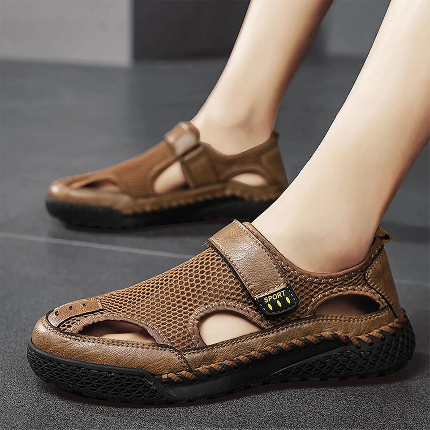 Men's Sandals Outdoor Summer Casual Thick Cushion Beach Water Fisherman Sandal Close Toe Mesh Leather Sandal