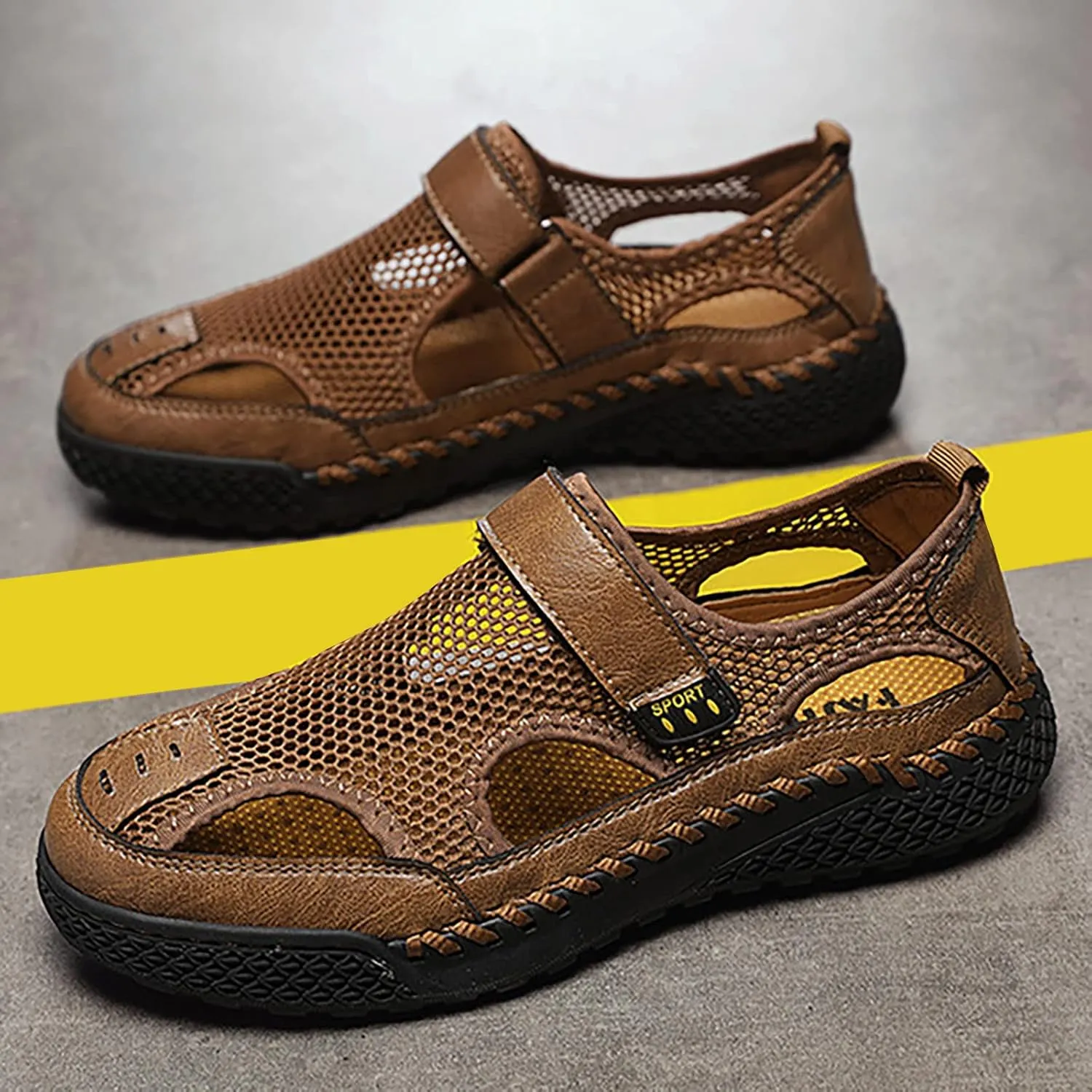 Men's Sandals Outdoor Summer Casual Thick Cushion Beach Water Fisherman Sandal Close Toe Mesh Leather Sandal
