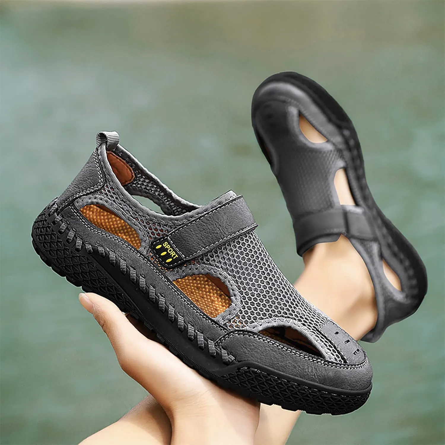 Men's Sandals Outdoor Summer Casual Thick Cushion Beach Water Fisherman Sandal Close Toe Mesh Leather Sandal