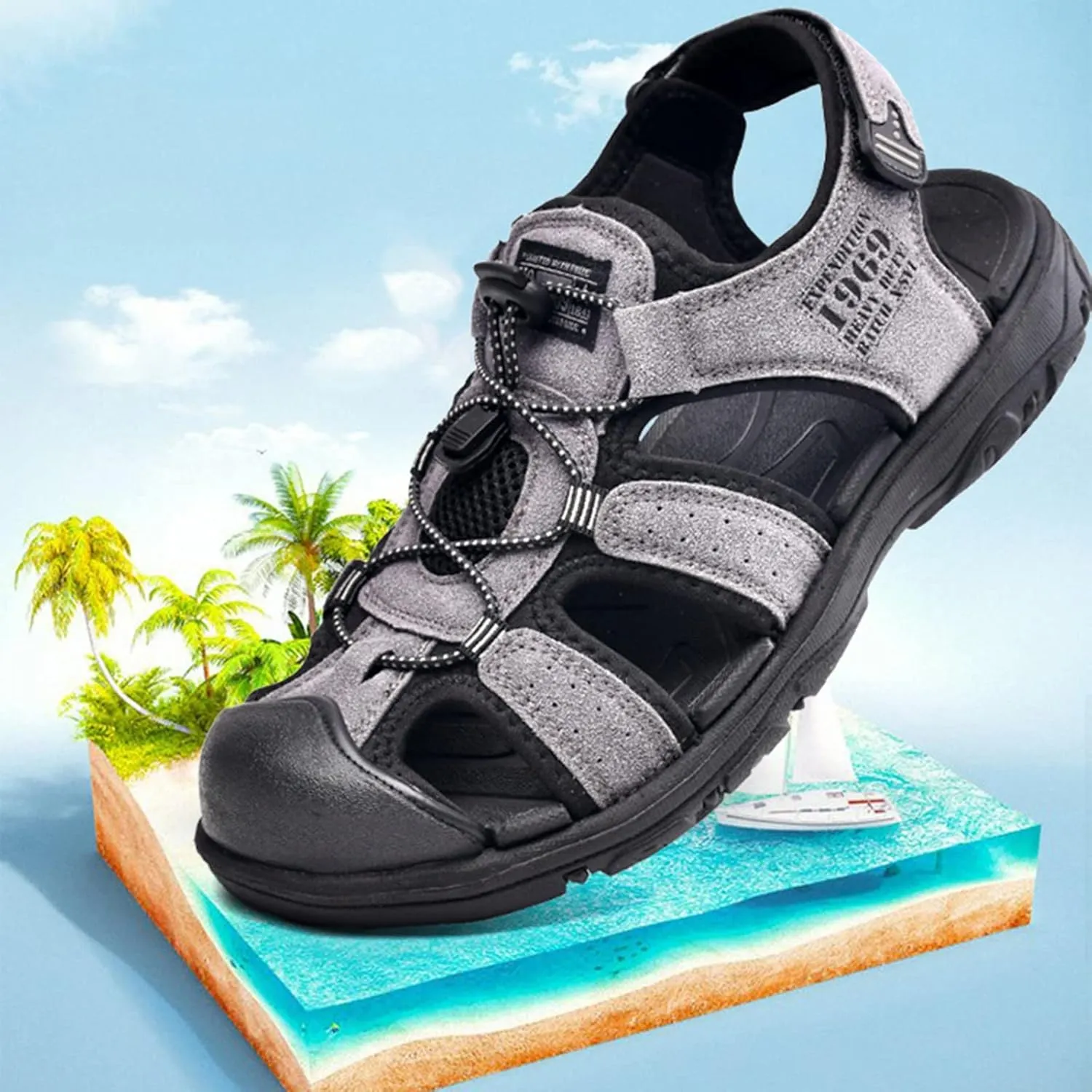 Men's Sport Sandals Athletic Lightweight Walking Casual Sandals with Adjustable Strap for Outdoor Wading Beach Close Toe Breathable Sandal with Arch Support