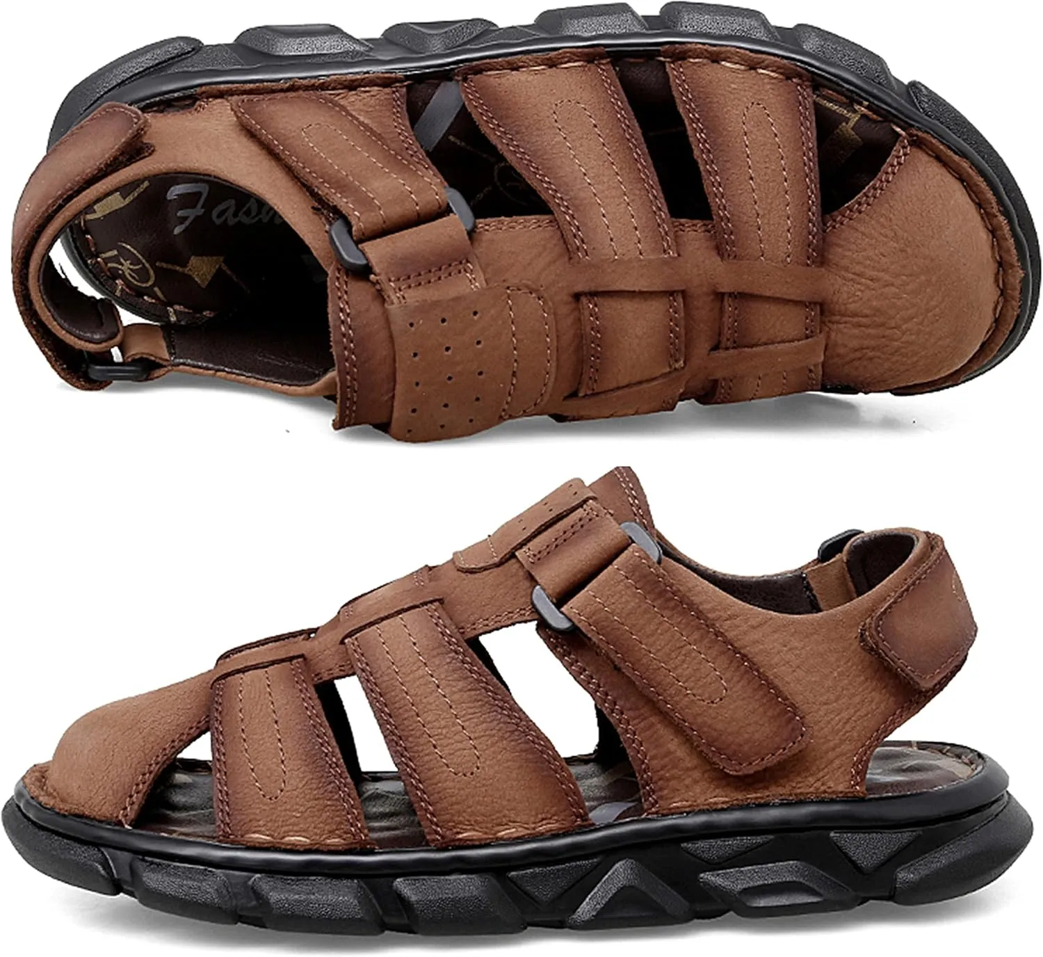Mens Sport Sandals Closed Toe Leather Sandals Outdoor Adjustable Fisherman Summer Beach Shoes