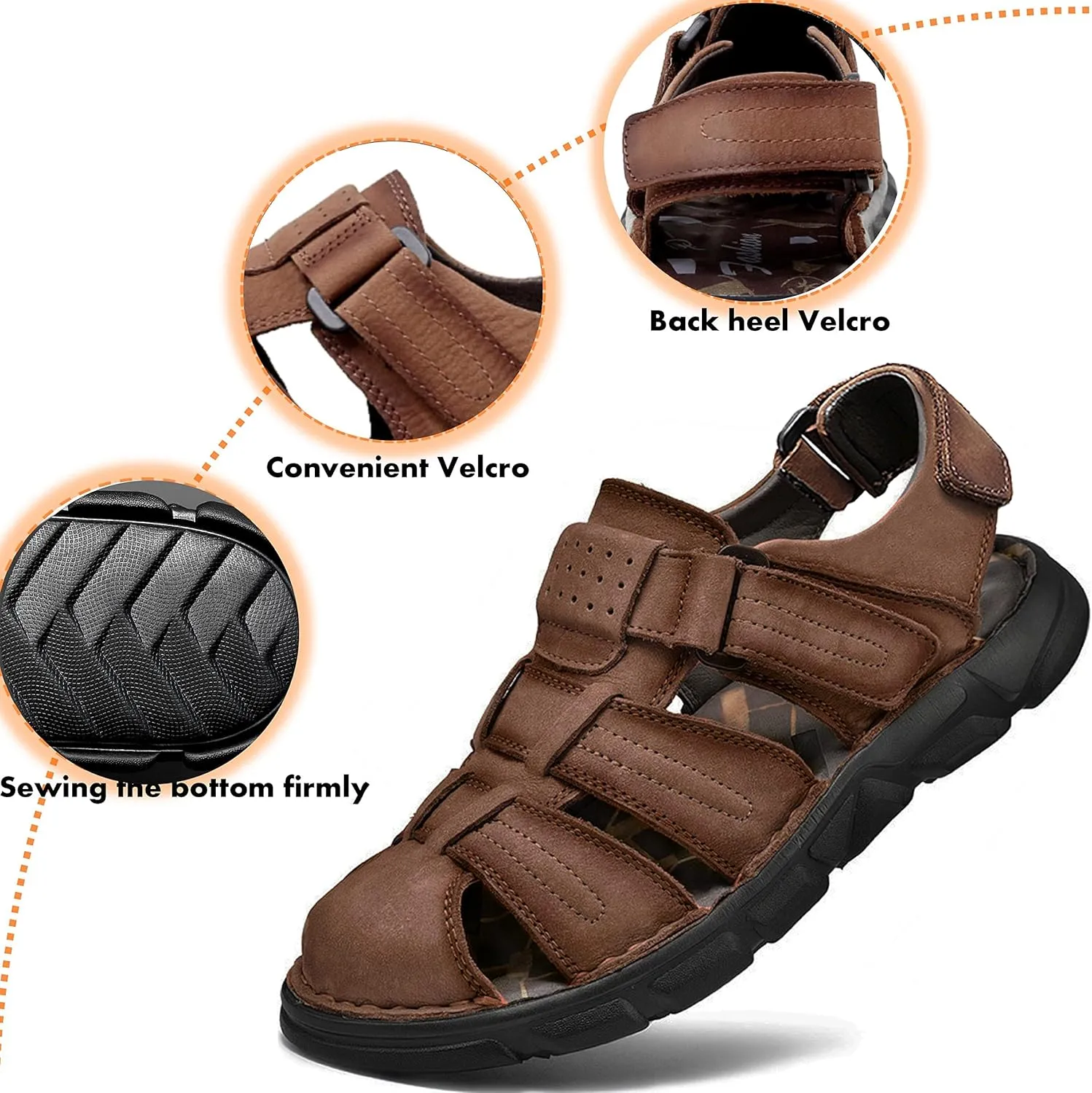 Mens Sport Sandals Closed Toe Leather Sandals Outdoor Adjustable Fisherman Summer Beach Shoes