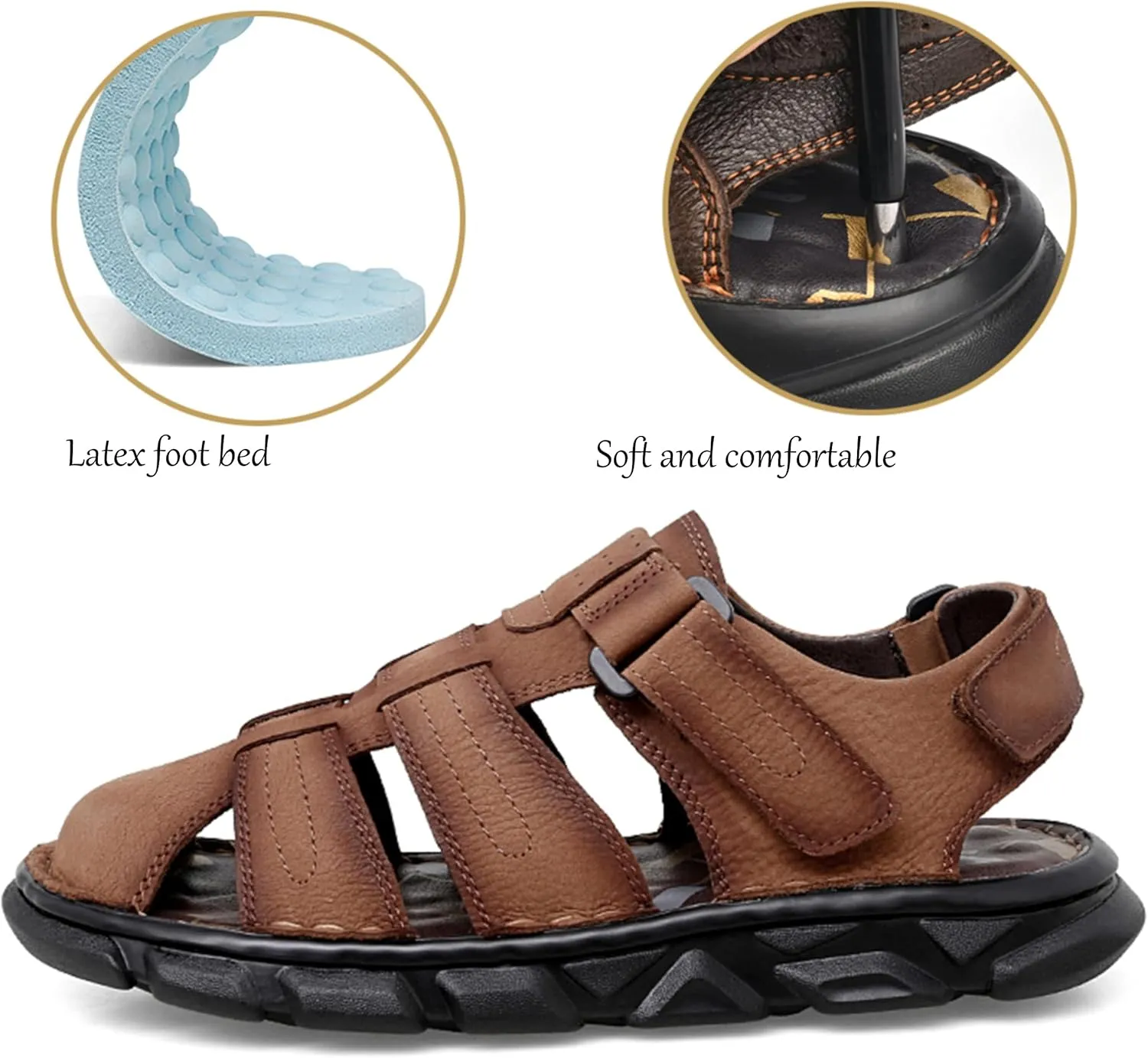 Mens Sport Sandals Closed Toe Leather Sandals Outdoor Adjustable Fisherman Summer Beach Shoes