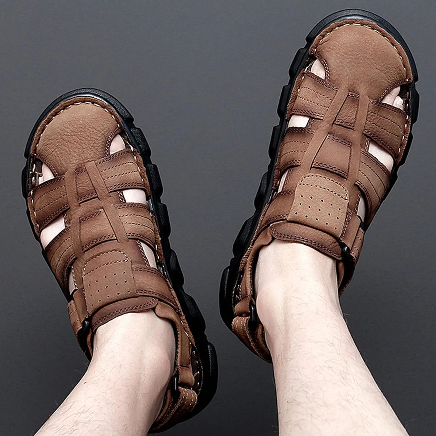 Mens Sport Sandals Closed Toe Leather Sandals Outdoor Adjustable Fisherman Summer Beach Shoes