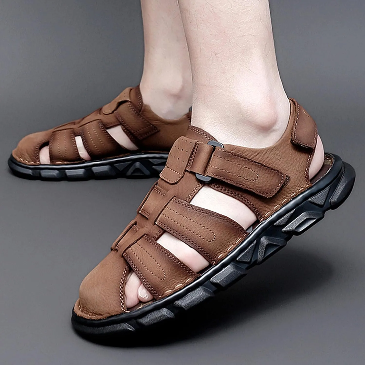 Mens Sport Sandals Closed Toe Leather Sandals Outdoor Adjustable Fisherman Summer Beach Shoes