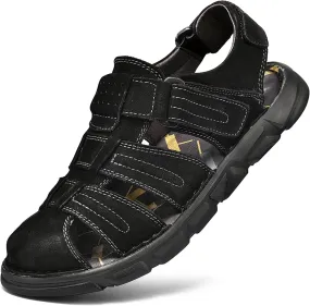 Mens Sport Sandals Closed Toe Leather Sandals Outdoor Adjustable Fisherman Summer Beach Shoes