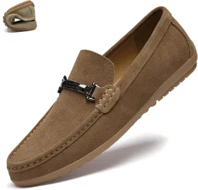 Men's Suede Metal Buckle Flat Penny Loafers Fashion Round Toe Slip-On Softsole Dress Moccasin Driving Shoes Comfort Office Work Boat Shoes