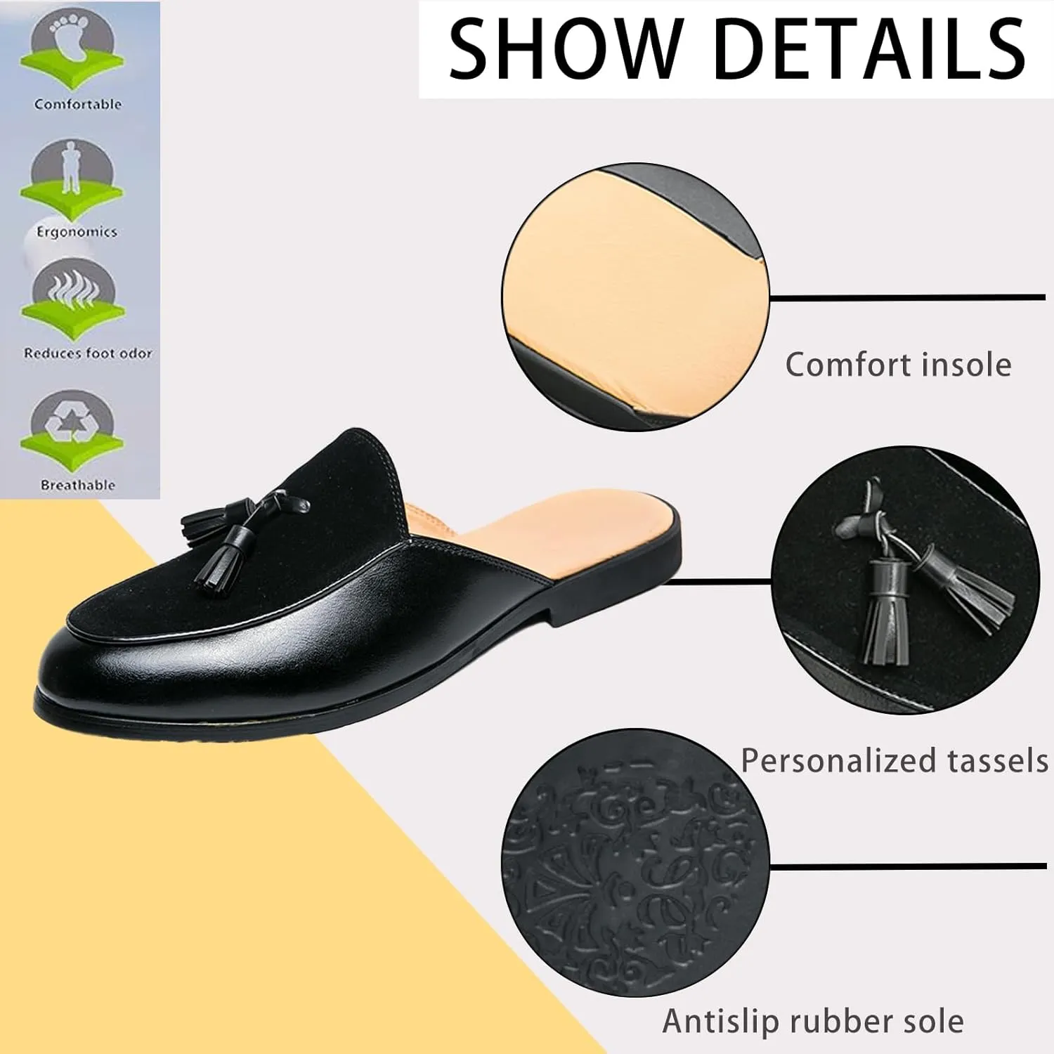Men's Suede Tassel Dress Mules Retro Fashion Round Toe Anti-Slip Low Heel Slip On Clog Slippers Casual Backless Flat Loafers