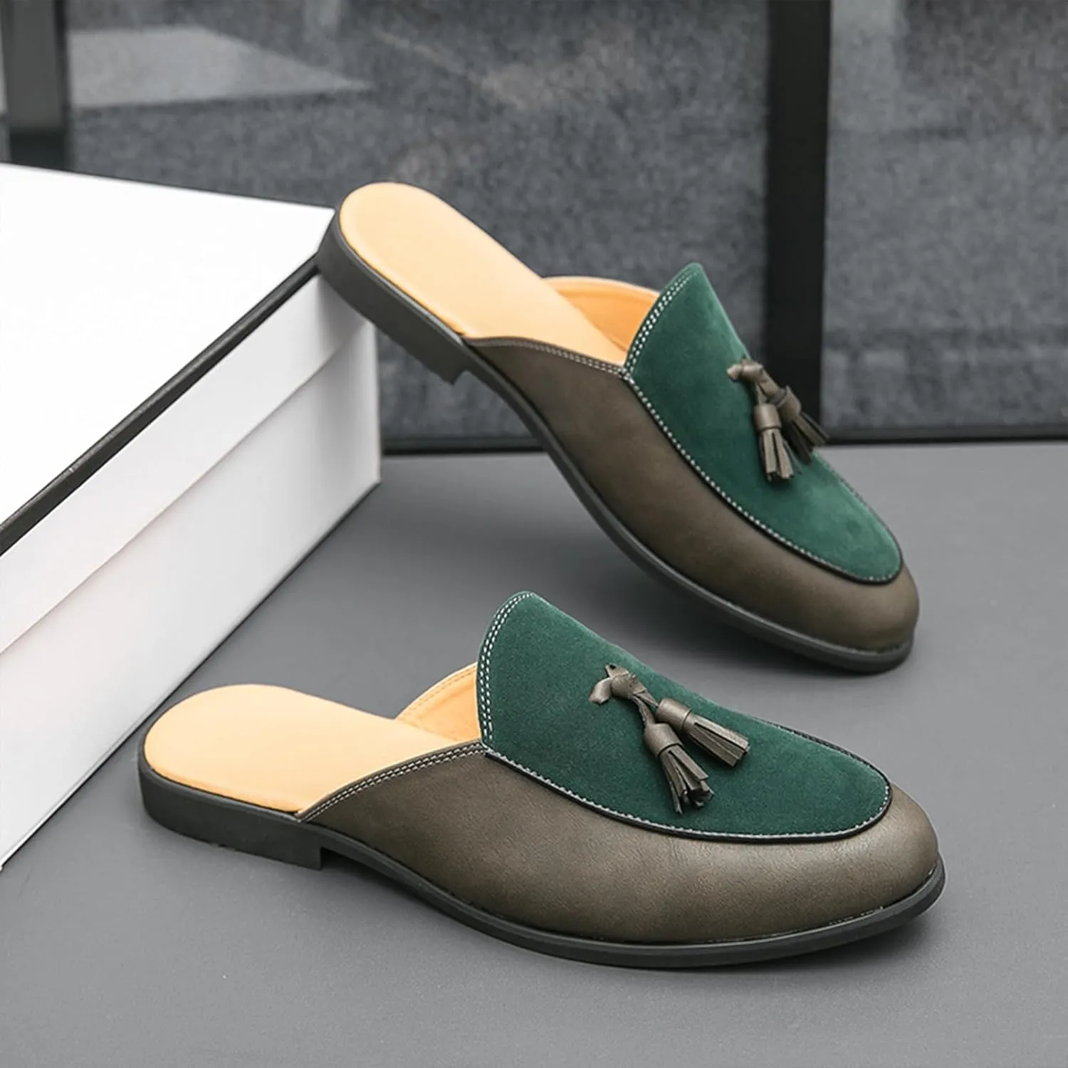 Men's Suede Tassel Dress Mules Retro Fashion Round Toe Anti-Slip Low Heel Slip On Clog Slippers Casual Backless Flat Loafers