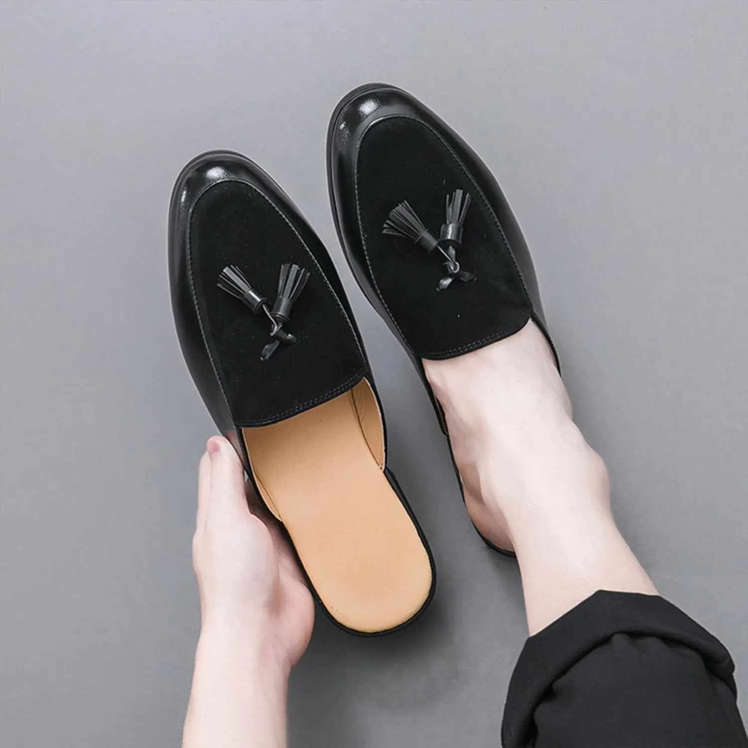 Men's Suede Tassel Dress Mules Retro Fashion Round Toe Anti-Slip Low Heel Slip On Clog Slippers Casual Backless Flat Loafers