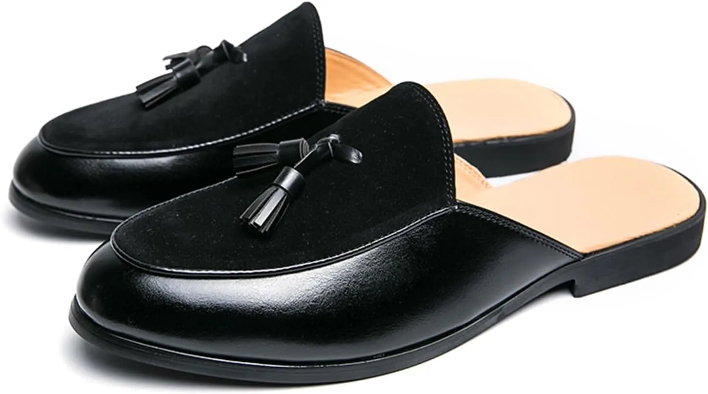Men's Suede Tassel Dress Mules Retro Fashion Round Toe Anti-Slip Low Heel Slip On Clog Slippers Casual Backless Flat Loafers