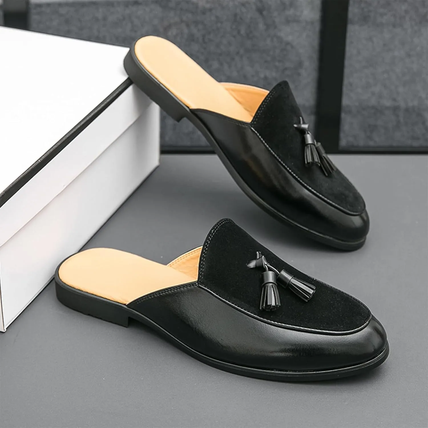 Men's Suede Tassel Dress Mules Retro Fashion Round Toe Anti-Slip Low Heel Slip On Clog Slippers Casual Backless Flat Loafers