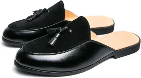 Men's Suede Tassel Dress Mules Retro Fashion Round Toe Anti-Slip Low Heel Slip On Clog Slippers Casual Backless Flat Loafers