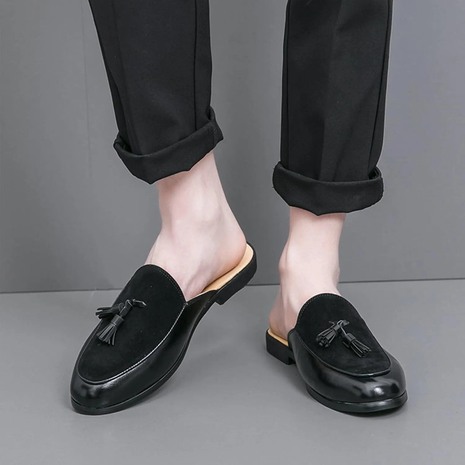 Men's Suede Tassel Dress Mules Retro Fashion Round Toe Anti-Slip Low Heel Slip On Clog Slippers Casual Backless Flat Loafers
