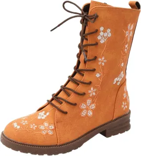 Mid Calf Boots for Women Retro Printed Embroidered Women's Heel Monochrome Fashion Short Boots Non Statement Boots Women