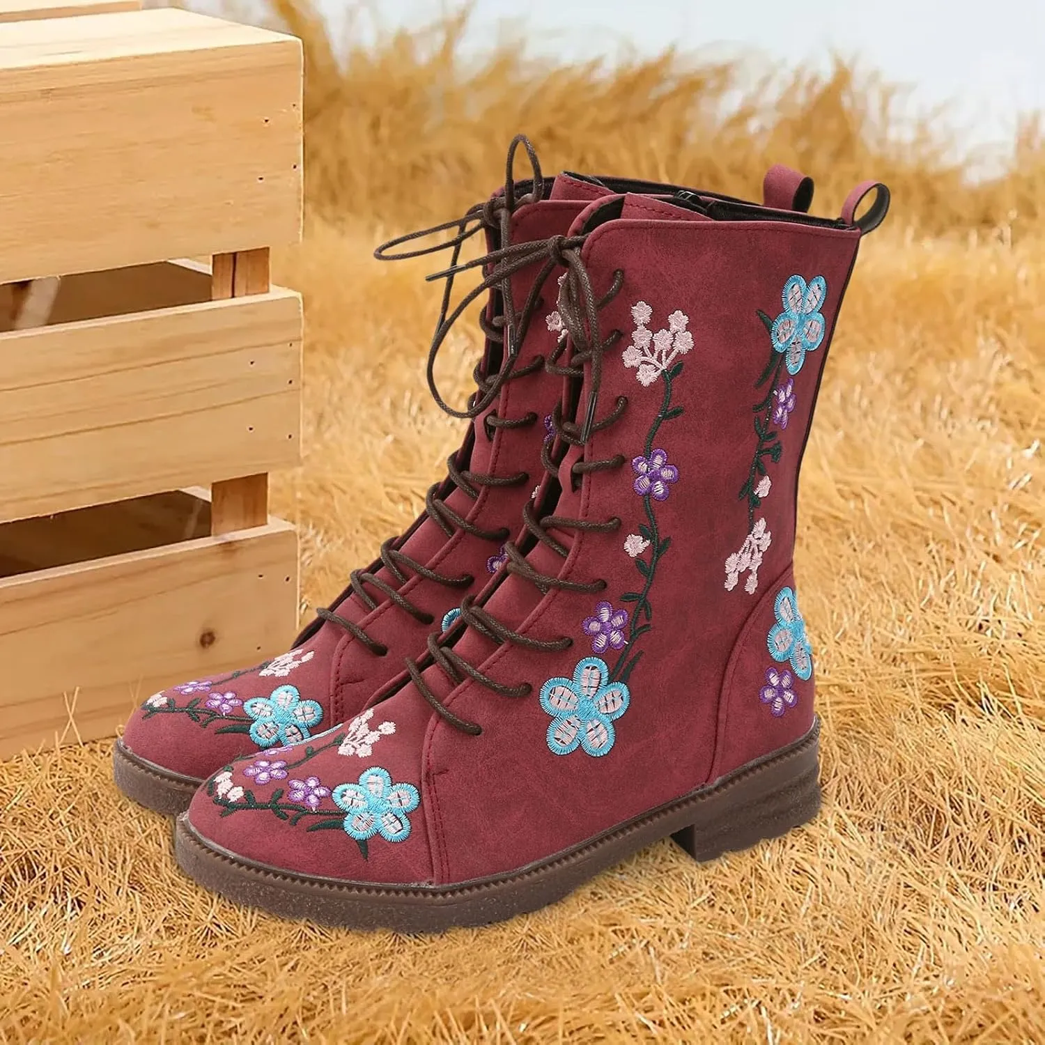 Mid Calf Boots for Women Retro Printed Embroidered Women's Heel Monochrome Fashion Short Boots Non Statement Boots Women