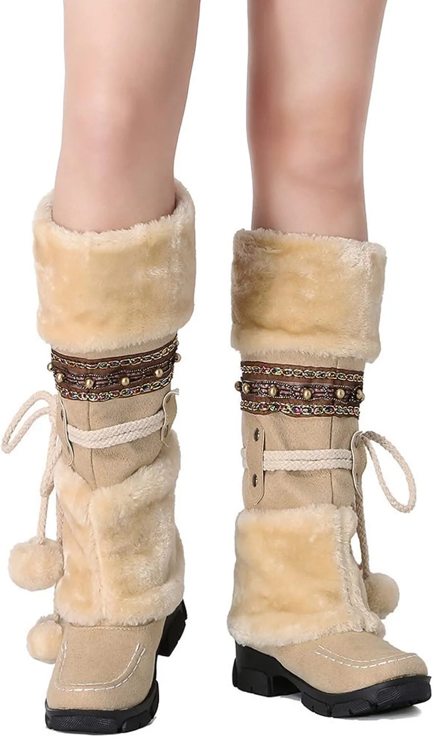 Mid Calf Boots For Women,Women's Long Winter Snow Boots Boho Ethnic Style Fuzzy Plush Fur Lined Knee High Boots Suede Pull On Square Toe Thick Sole Platform Tall Booties Warm Cozy Cute