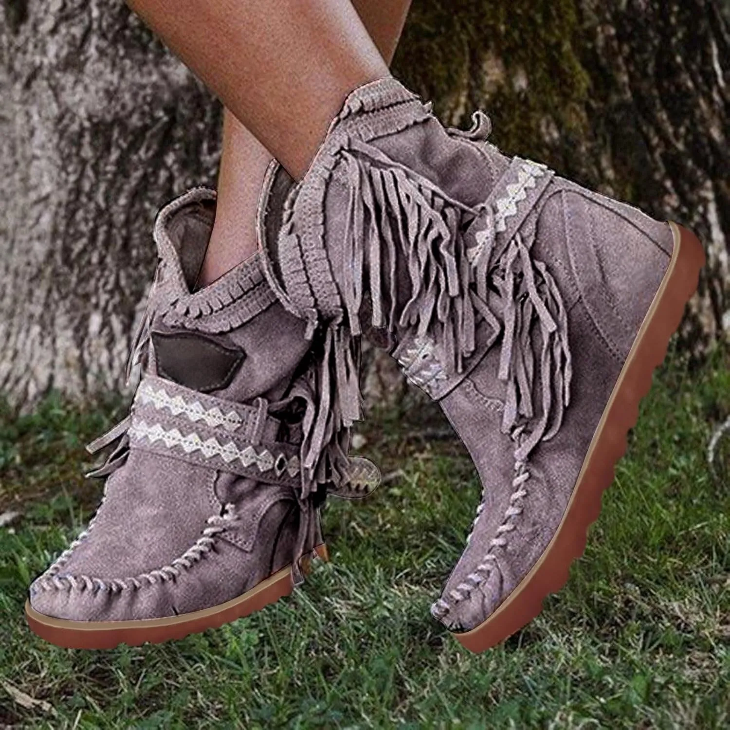 Moccasin Boots For Women Classic Ankle Boots Comfortable Flat Cowboy Boots Wide Calf Slouch Boots Suede Western Boots