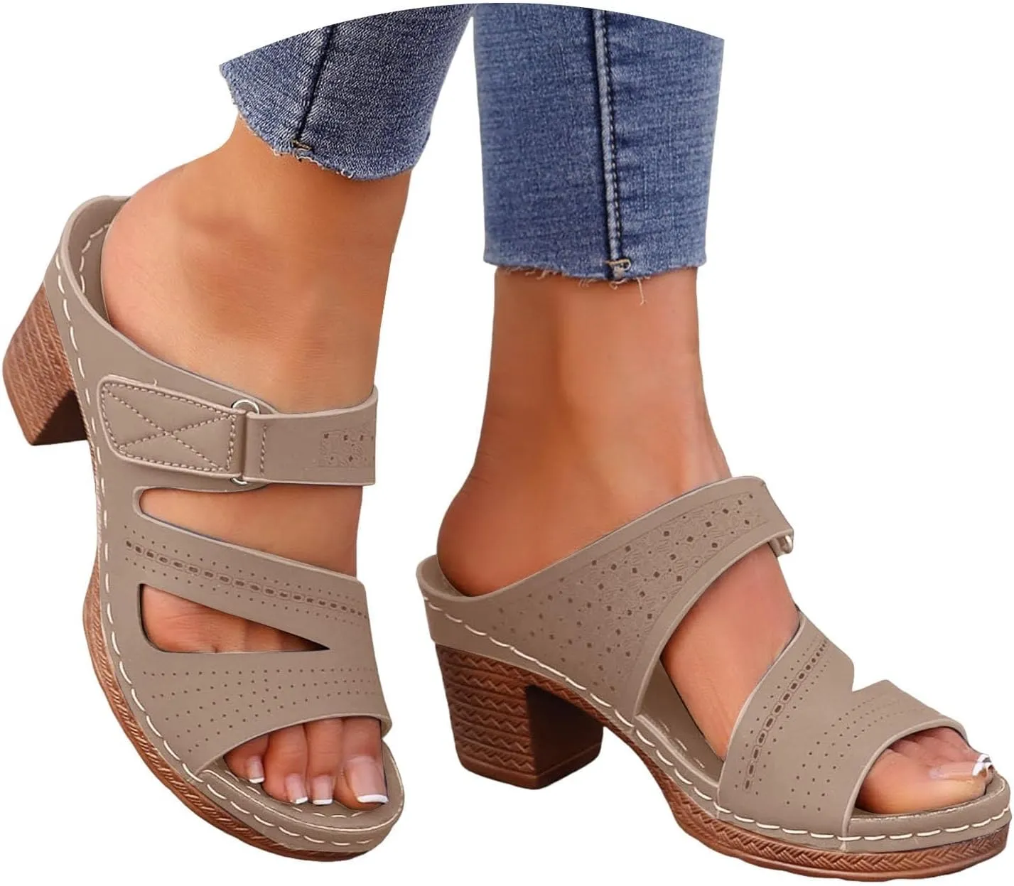 Mules for Women Chunky Mid Heels Sandals Fishmouth Open Toe Shoes Adjustable Strap Buckle Backless Mules Slip On Block Comfortable Slippers Summer Casual Beach Sandals 2025