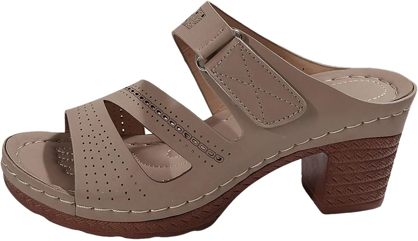 Mules for Women Chunky Mid Heels Sandals Fishmouth Open Toe Shoes Adjustable Strap Buckle Backless Mules Slip On Block Comfortable Slippers Summer Casual Beach Sandals 2025