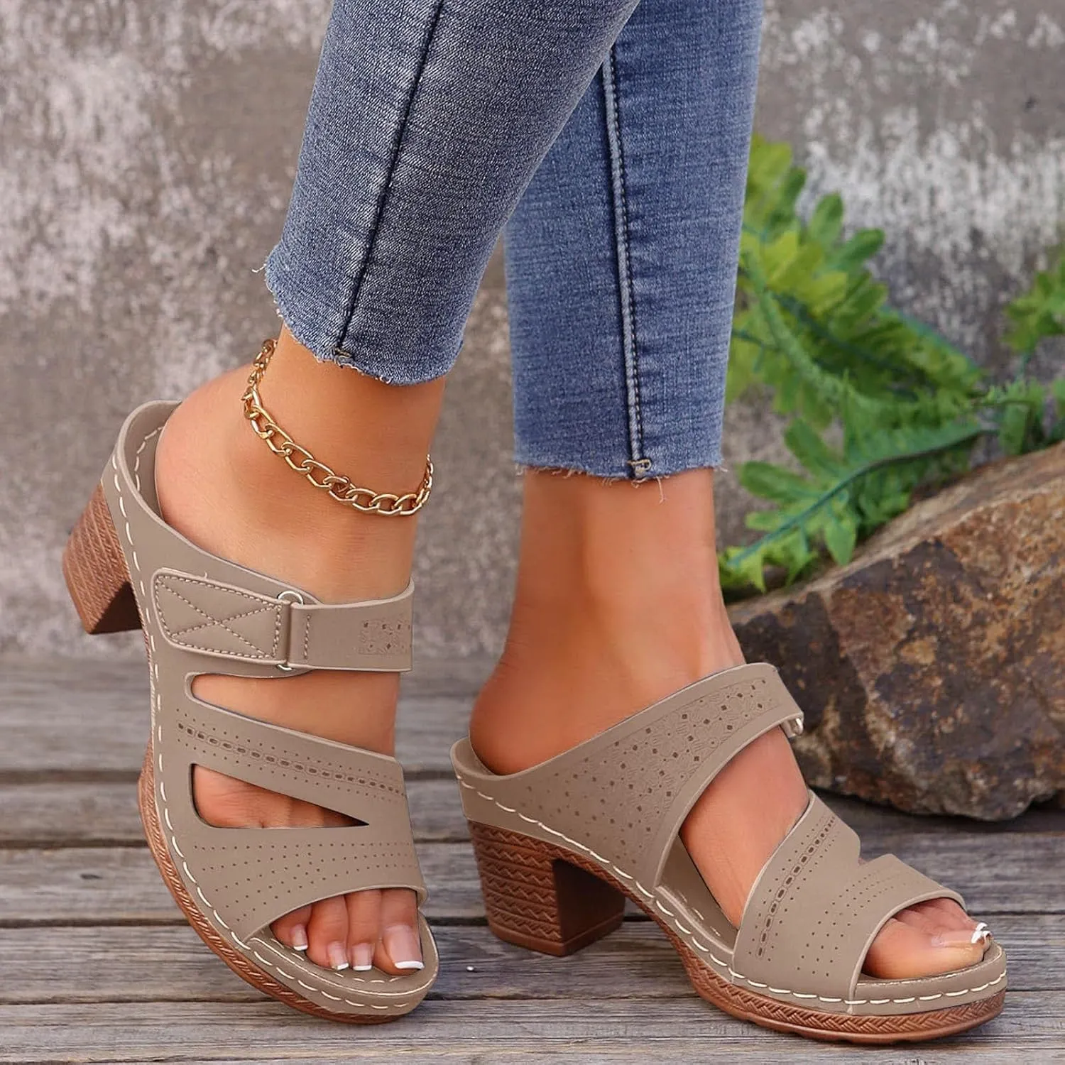 Mules for Women Chunky Mid Heels Sandals Fishmouth Open Toe Shoes Adjustable Strap Buckle Backless Mules Slip On Block Comfortable Slippers Summer Casual Beach Sandals 2025