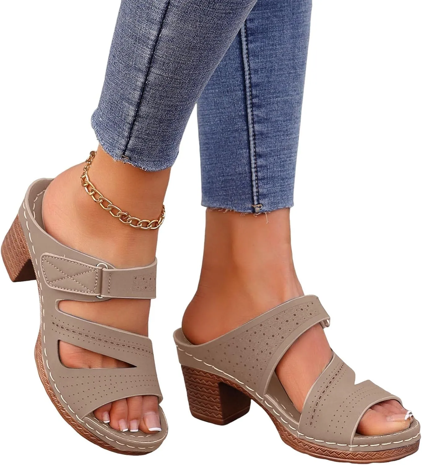 Mules for Women Chunky Mid Heels Sandals Fishmouth Open Toe Shoes Adjustable Strap Buckle Backless Mules Slip On Block Comfortable Slippers Summer Casual Beach Sandals 2025