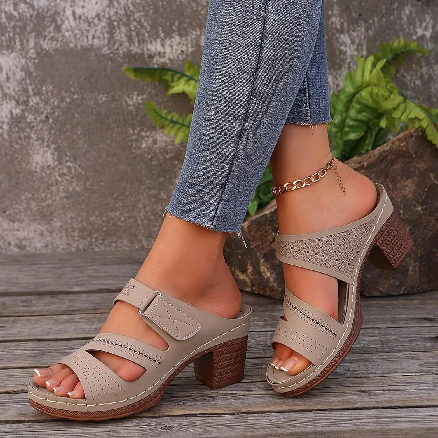 Mules for Women Chunky Mid Heels Sandals Fishmouth Open Toe Shoes Adjustable Strap Buckle Backless Mules Slip On Block Comfortable Slippers Summer Casual Beach Sandals 2025