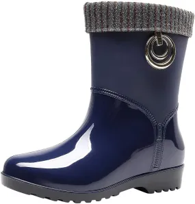 NLOMOCT Short Rain Boots for Women Wide Width Women's Mid Calf Rain Boots Printed Waterproof Rubber Boots Short Garden Shoes Outdoor Work Shoes 04 Blue