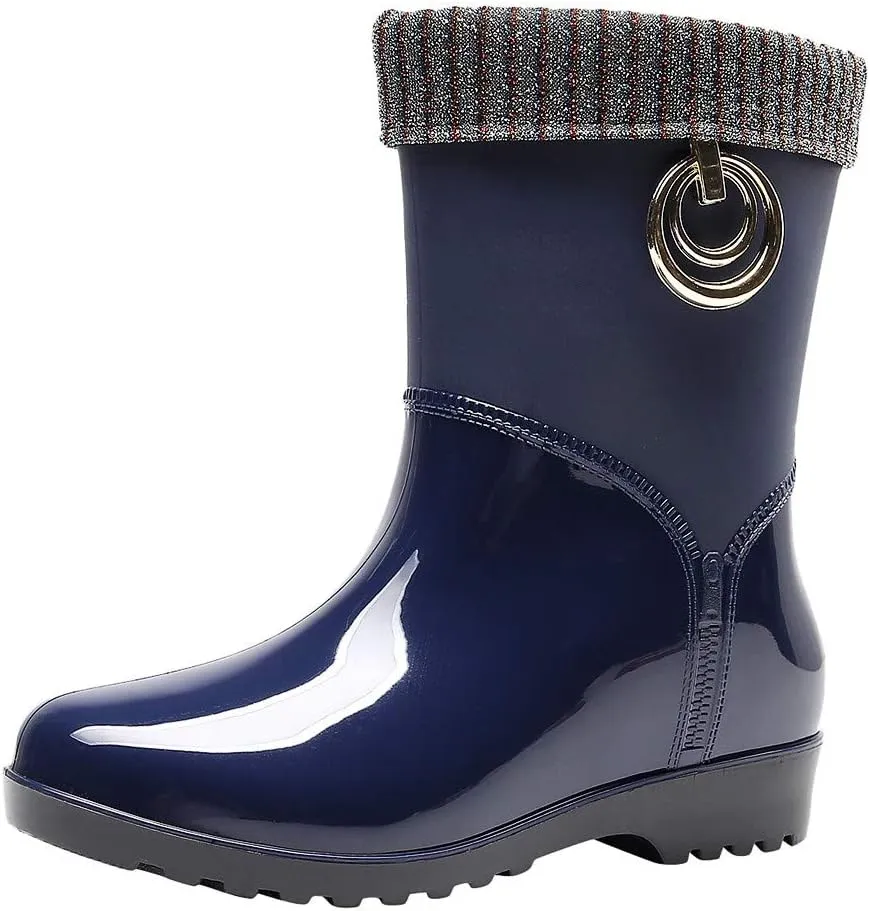 NLOMOCT Short Rain Boots for Women Wide Width Women's Mid Calf Rain Boots Printed Waterproof Rubber Boots Short Garden Shoes Outdoor Work Shoes 04 Blue