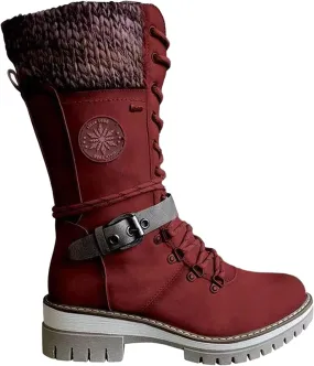 oiangi Women's Cowboy Mid Calf Boots Fashion Round Toe Cross Strap Buckle Lace Up Chunky Heel Riding Boots Comfy Warm Knee Low Heels Western Boots Shoes