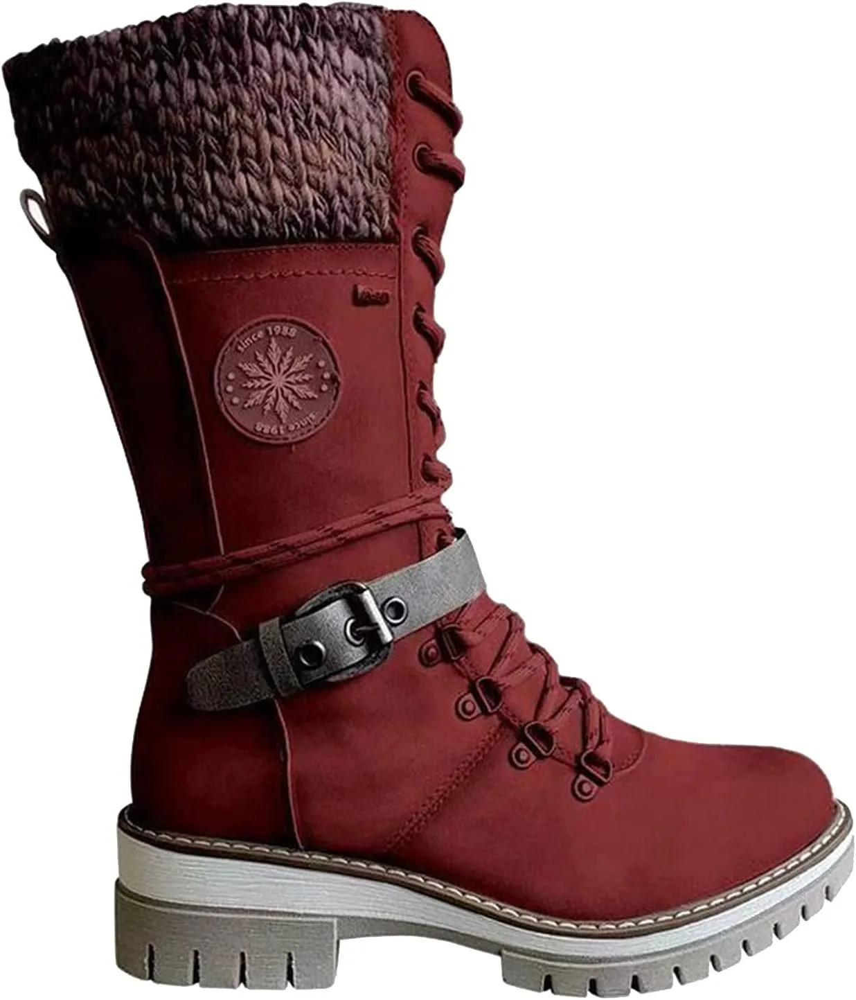oiangi Women's Cowboy Mid Calf Boots Fashion Round Toe Cross Strap Buckle Lace Up Chunky Heel Riding Boots Comfy Warm Knee Low Heels Western Boots Shoes