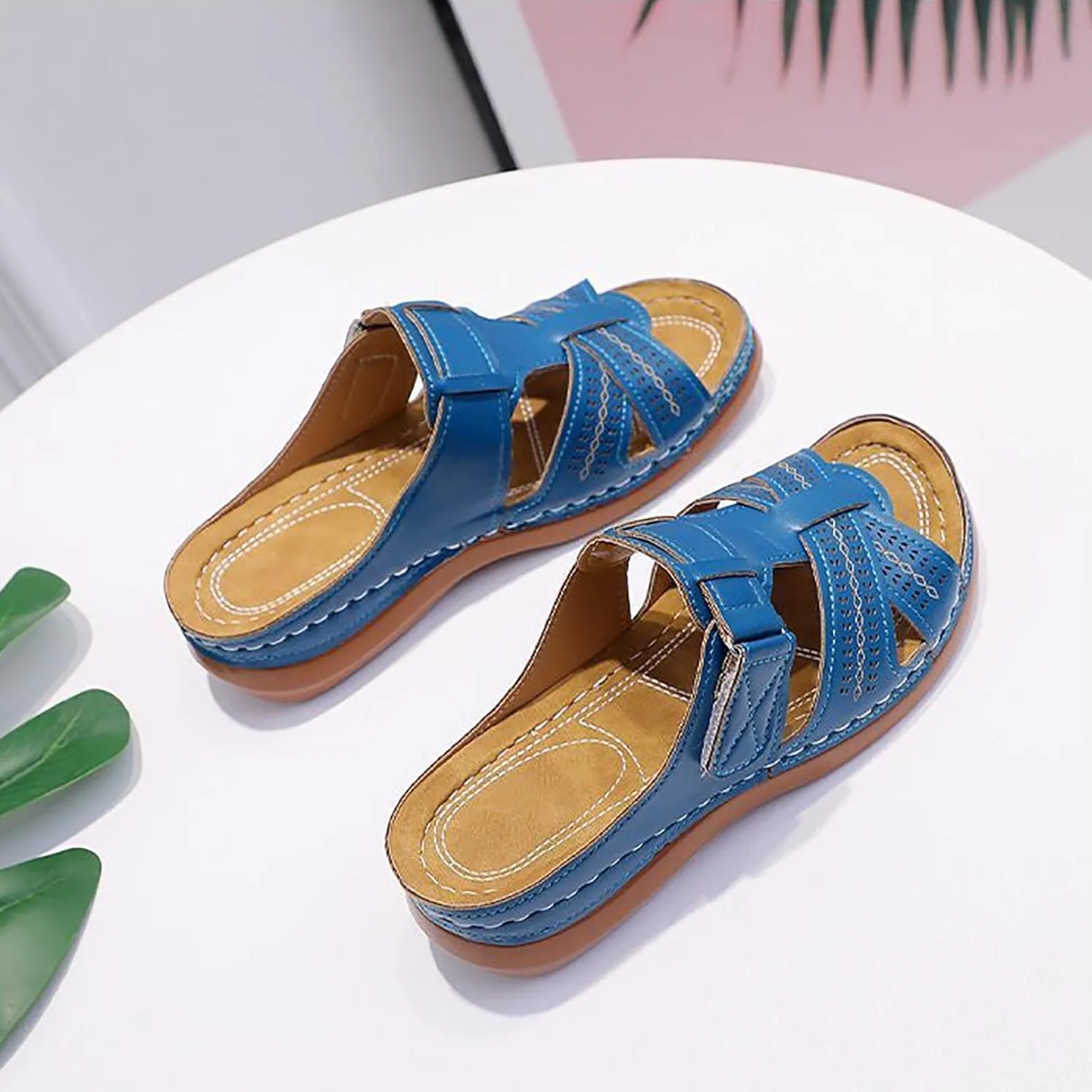 oiangi Womens Sandals 2023 Summer Comfortable Wedge Sandals with Arch Support Solid Casual Fish Mouth Open Toe Slip on Slippers Ladies Beach Travel Shoes